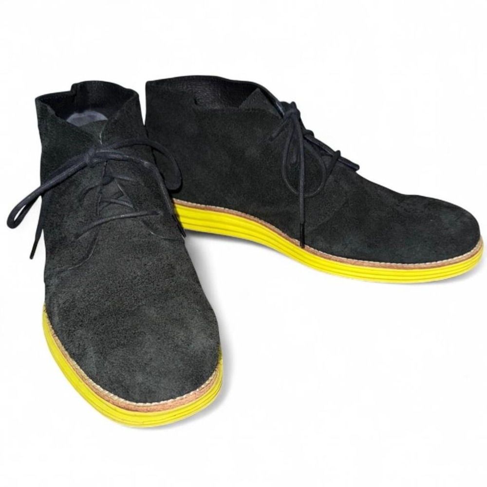 Cole Haan Lunar Grand Black Suede Chukka Shoes Yellow Sole Men's 11‎